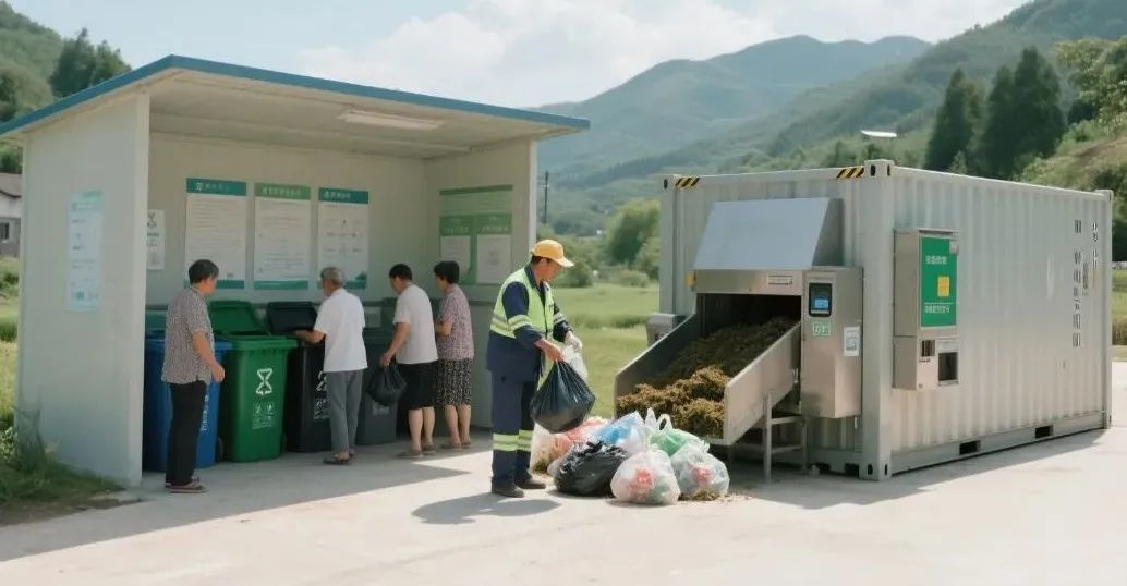 農(nóng)村垃圾分類站點，環(huán)衛(wèi)工人在分揀垃圾，居民在投放垃圾。旁邊還有一個自動進出料的堆肥發(fā)酵裝備，集裝箱式的樣子。.jpeg